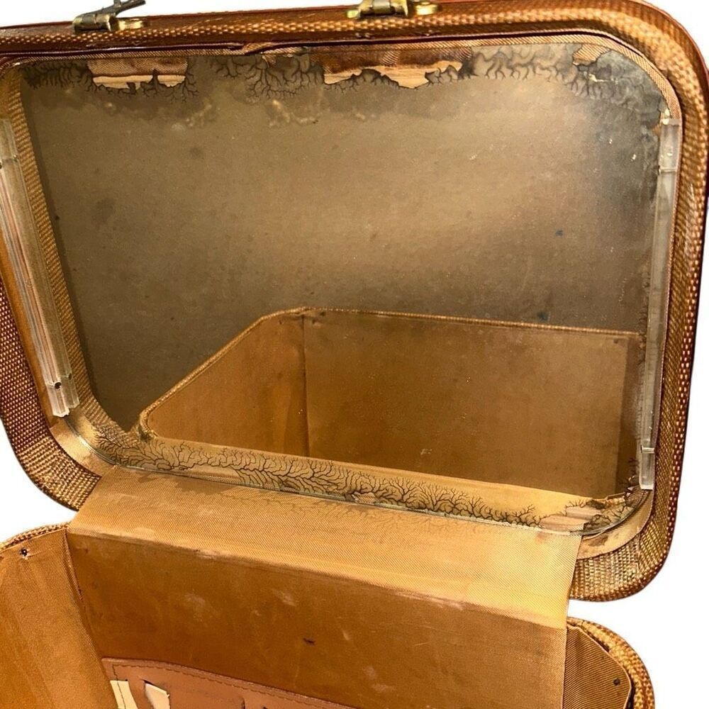 VTG MCM WOODEN, tweed, textured train case w mirror Hard Shell Train/Cosmetic/Ma - Picture 9 of 9